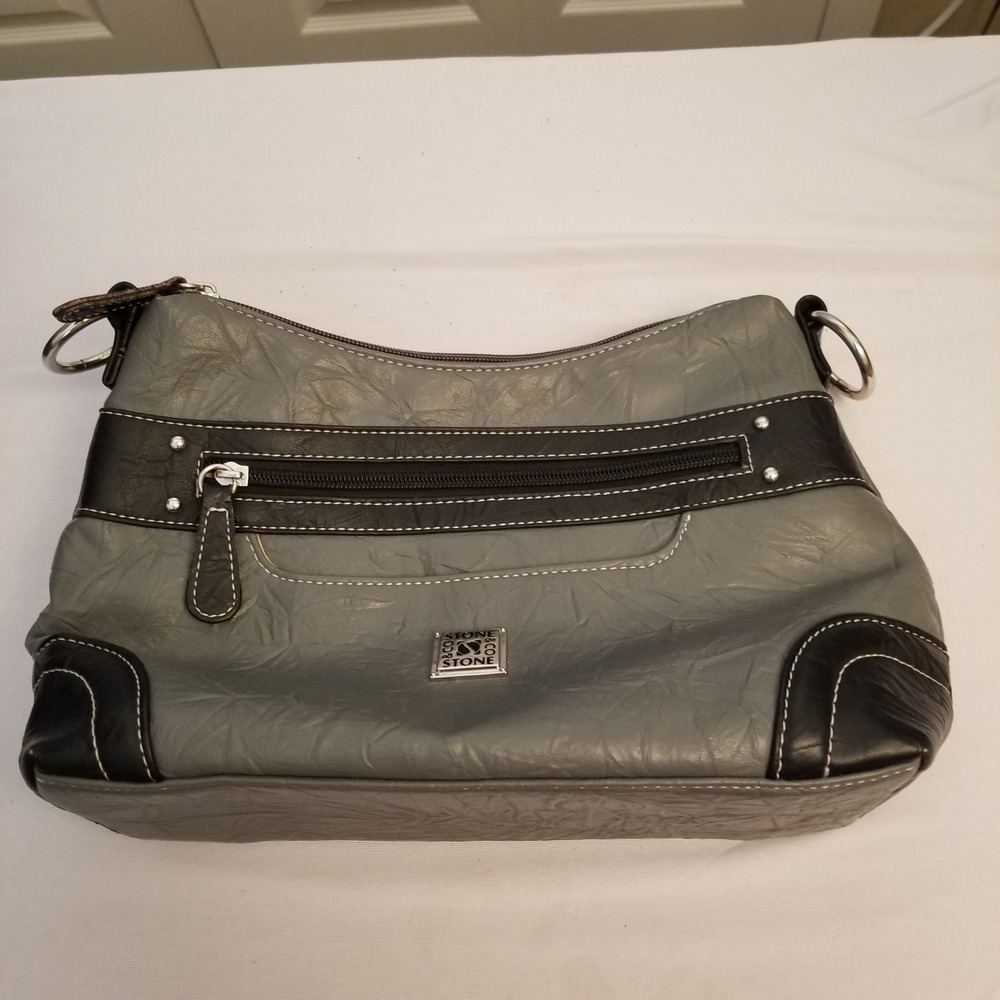 Stone & Co Gray Black Faux Leather Shoulder Bag Hobo Purse Contrast Stitching